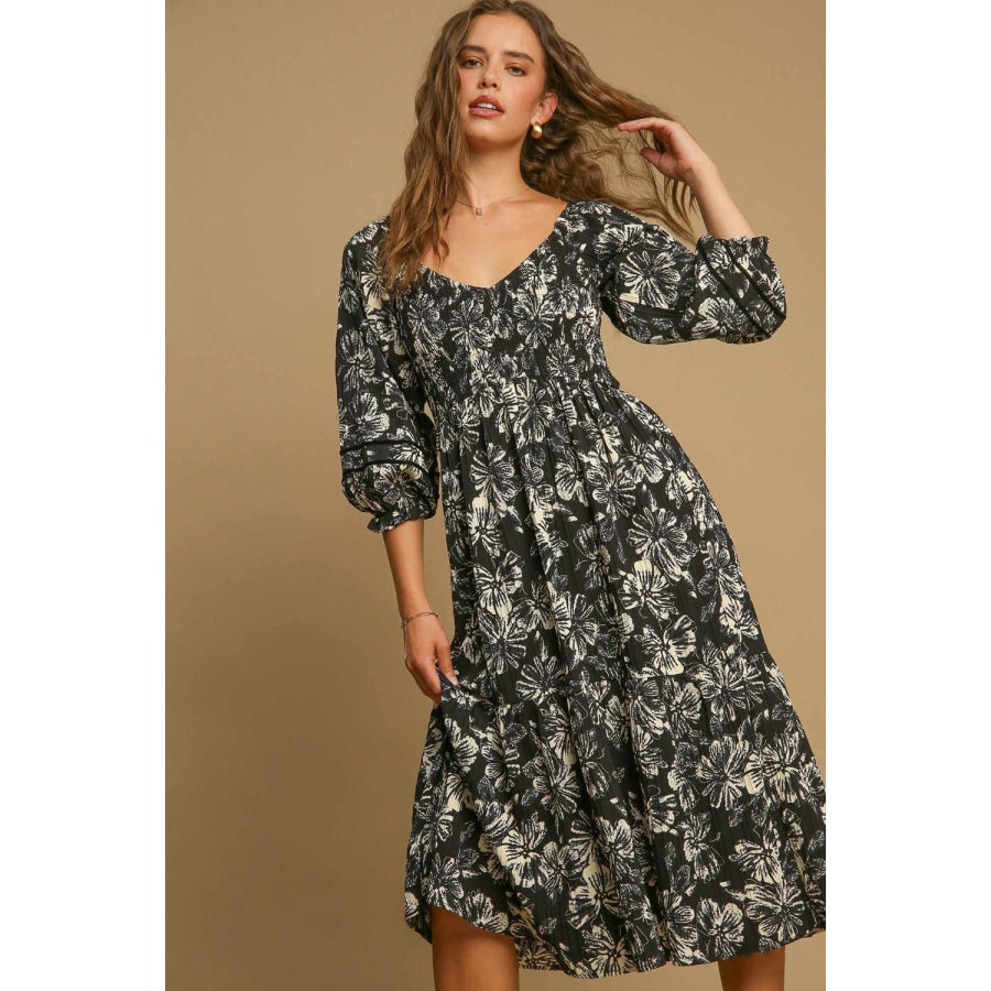 Umgee Ruffle Hem Flower Printed V-Neck Dress Apparel and Accessories