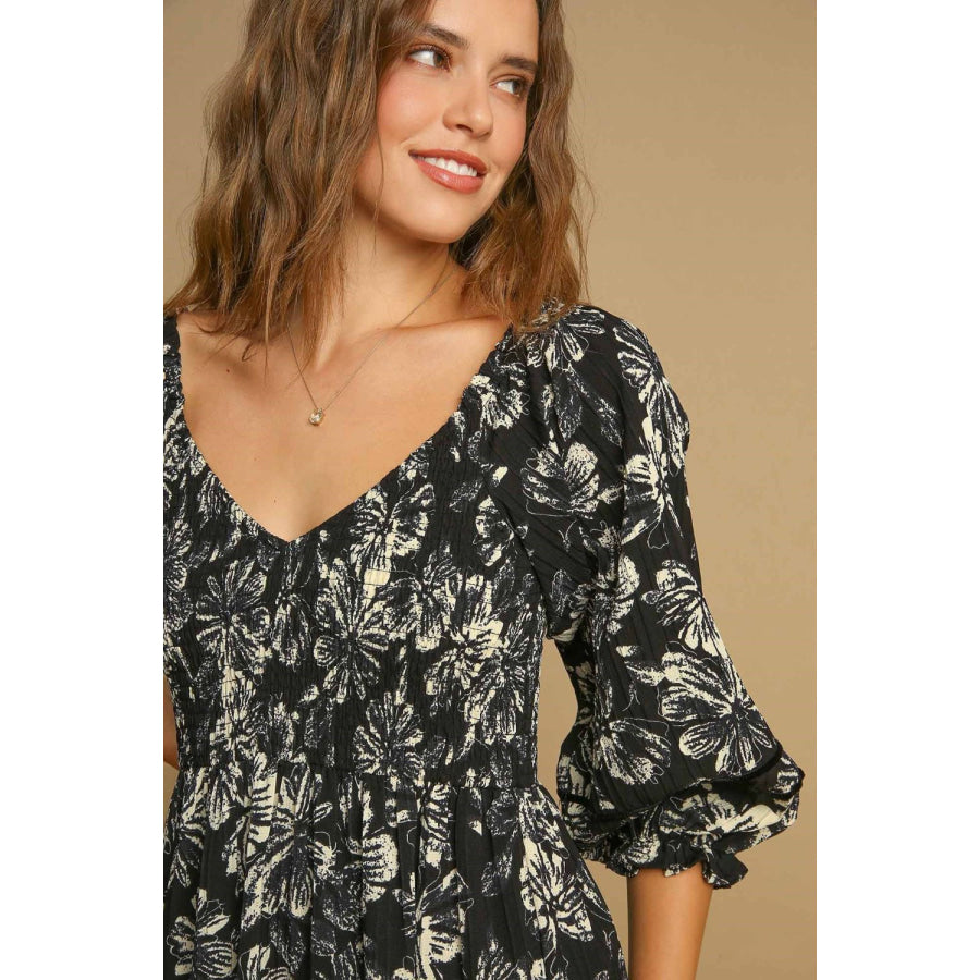 Umgee Ruffle Hem Flower Printed V-Neck Dress Apparel and Accessories