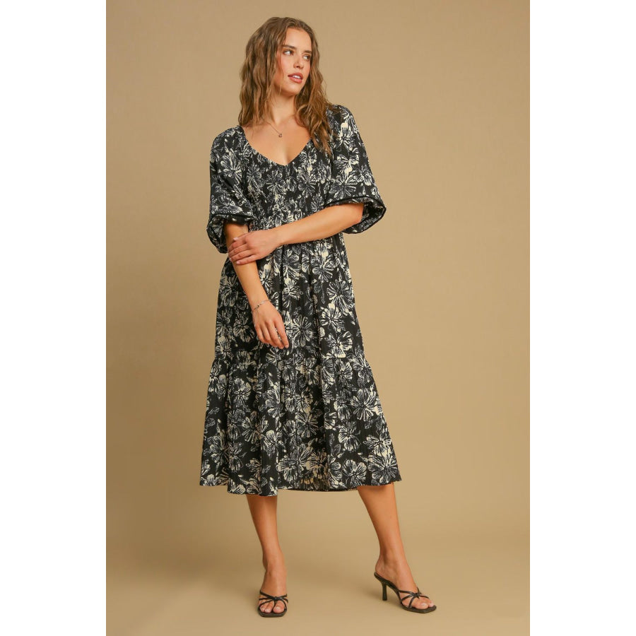 Umgee Ruffle Hem Flower Printed V-Neck Dress Black / S Apparel and Accessories