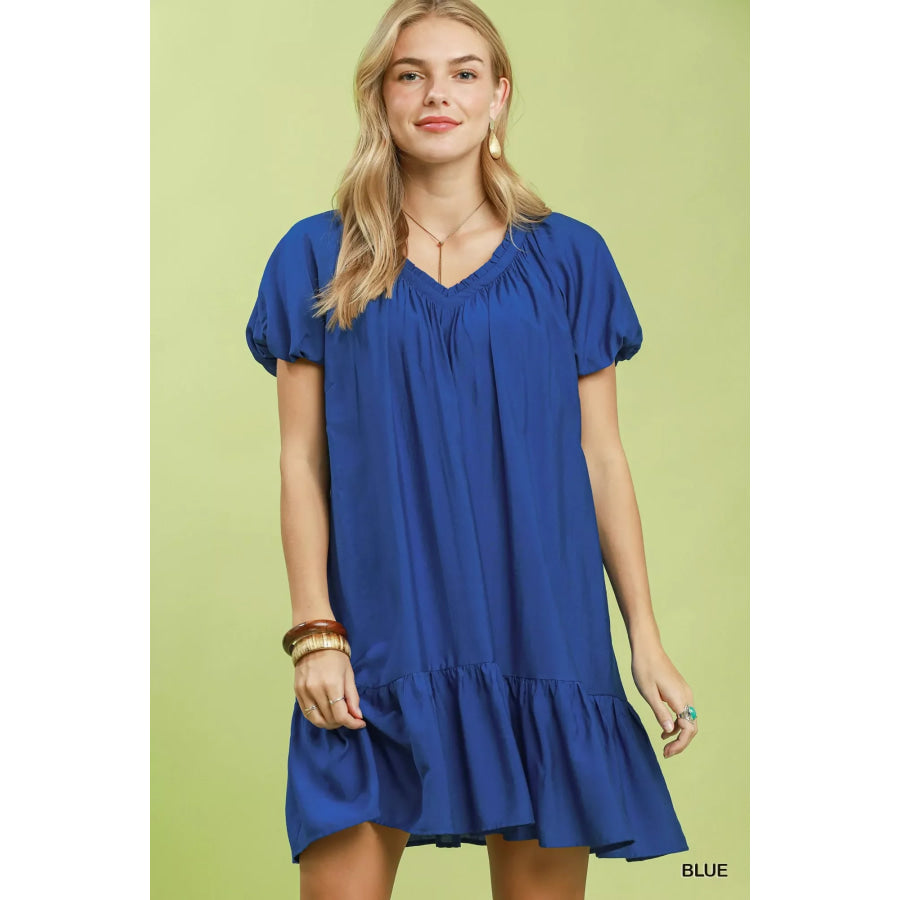 Umgee Ruffle Hem Shift Mini Dress BLUE / S Apparel and Accessories