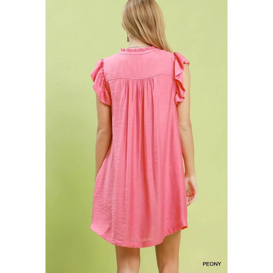 Umgee Ruffle Sleeve Henley Shift Dress Apparel and Accessories