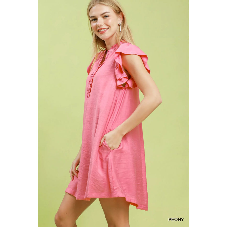 Umgee Ruffle Sleeve Henley Shift Dress Apparel and Accessories