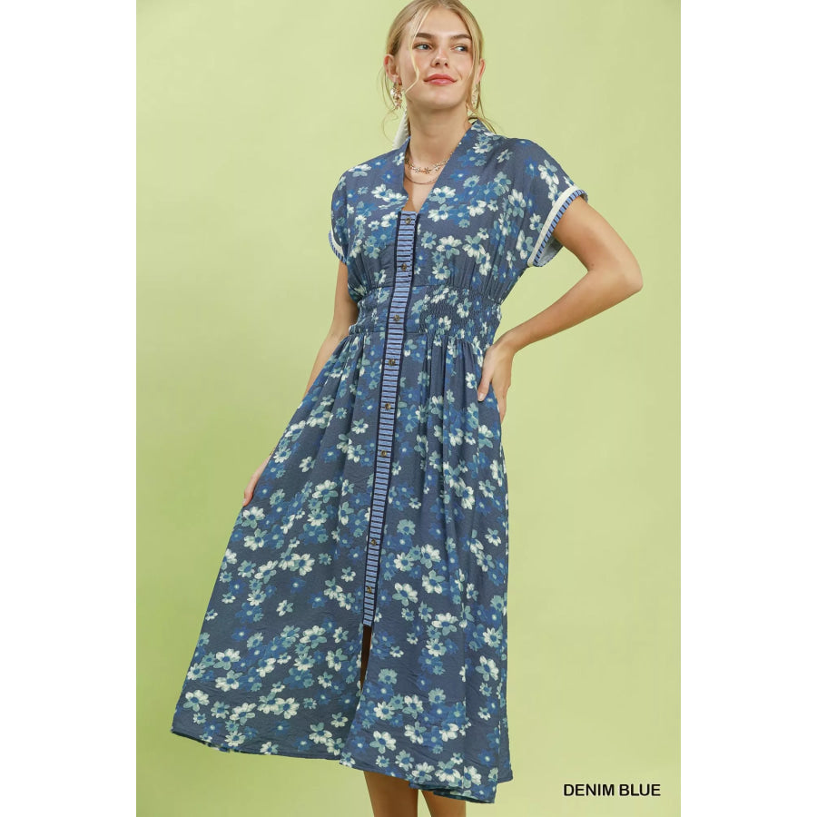 Umgee Ruffle Sleeve Henley Shift Dress DENIM BLUE / S Apparel and Accessories