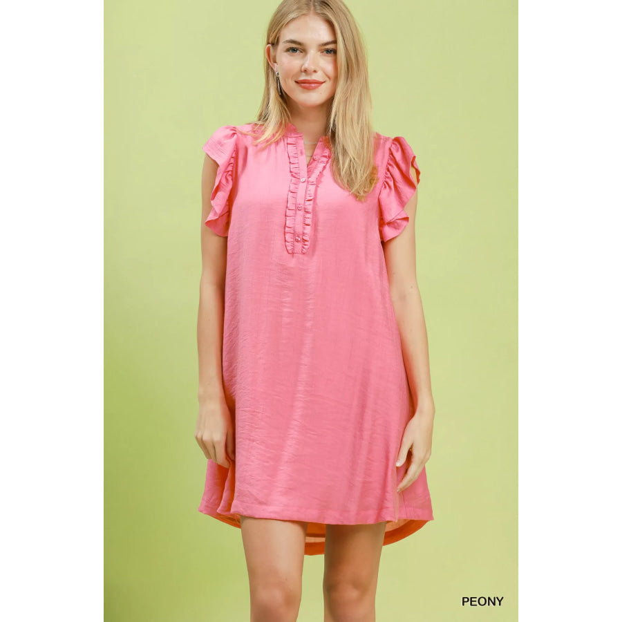 Umgee Ruffle Sleeve Henley Shift Dress PEONY / S Apparel and Accessories