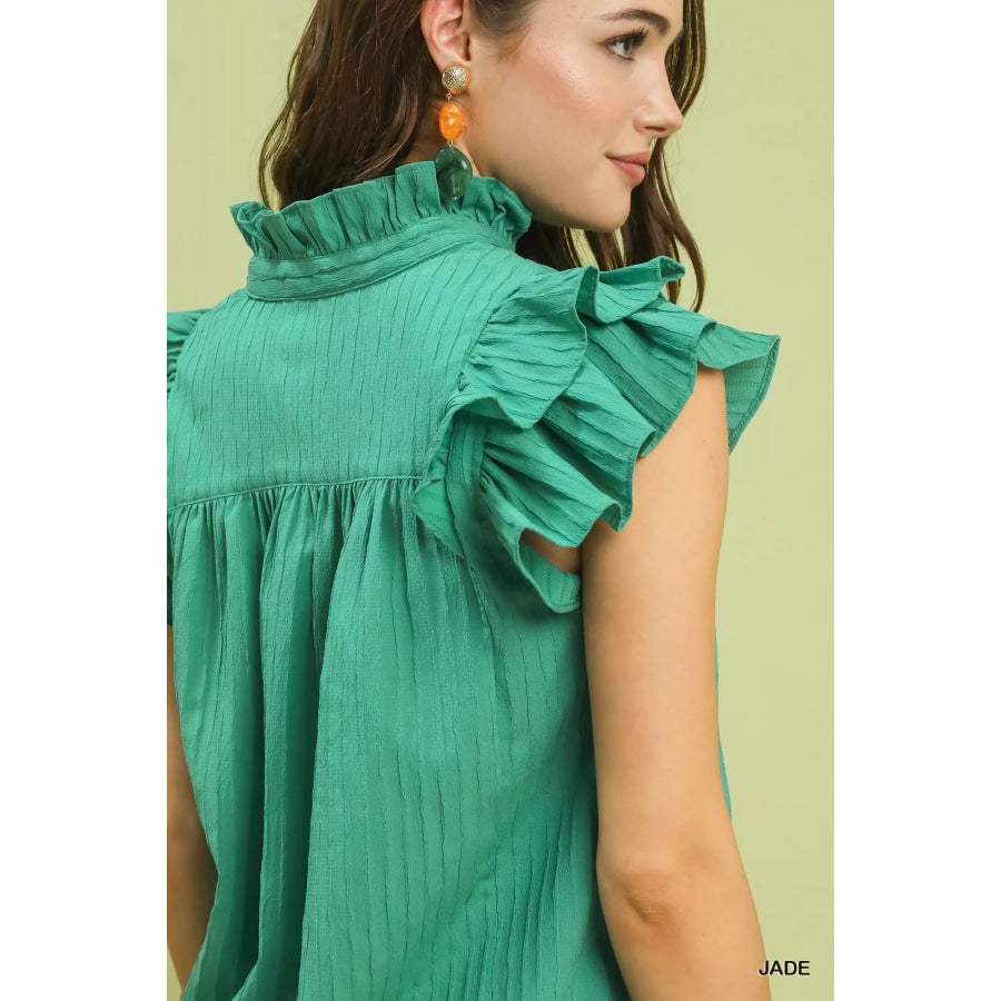 Umgee Ruffle Sleeve Textured Babydoll Blouse Apparel and Accessories