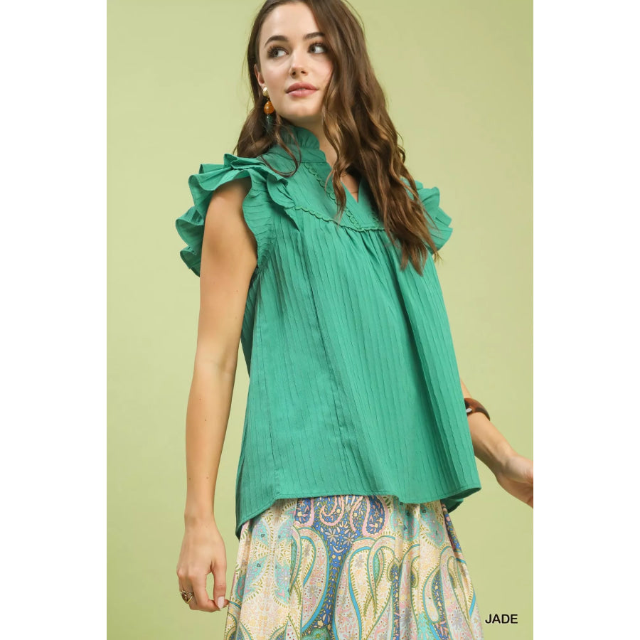 Umgee Ruffle Sleeve Textured Babydoll Blouse Apparel and Accessories