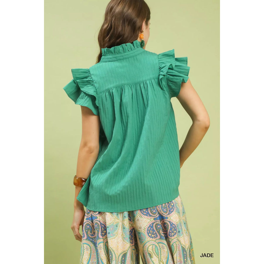 Umgee Ruffle Sleeve Textured Babydoll Blouse Apparel and Accessories