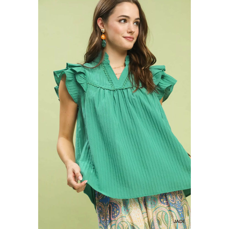 Umgee Ruffle Sleeve Textured Babydoll Blouse JADE / S Apparel and Accessories