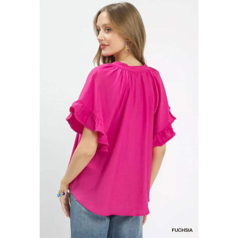 Umgee Ruffle Sleeve V-Neck Flutter Blouse Apparel and Accessories