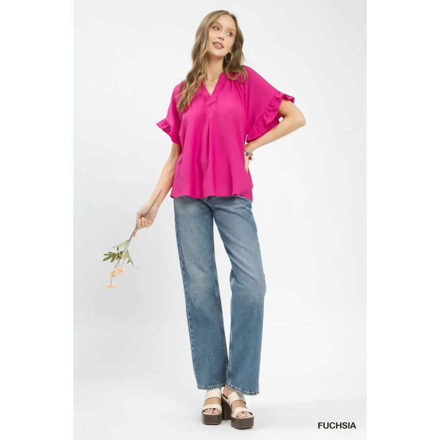 Umgee Ruffle Sleeve V-Neck Flutter Blouse Apparel and Accessories