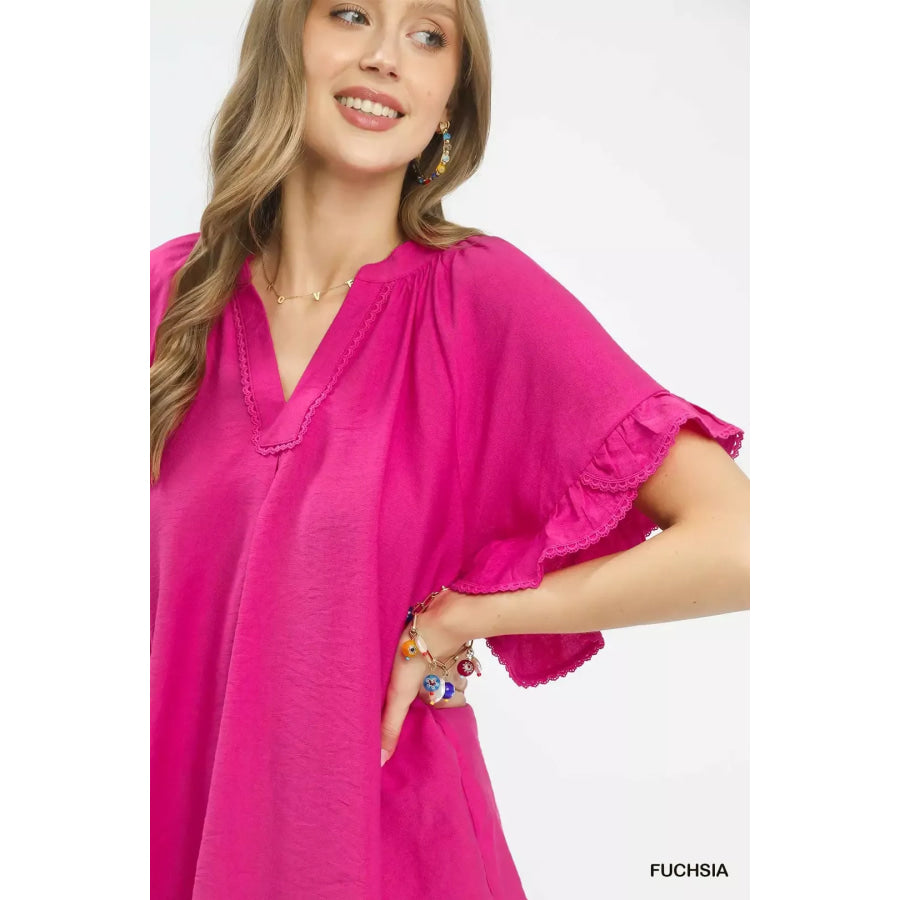 Umgee Ruffle Sleeve V-Neck Flutter Blouse Apparel and Accessories