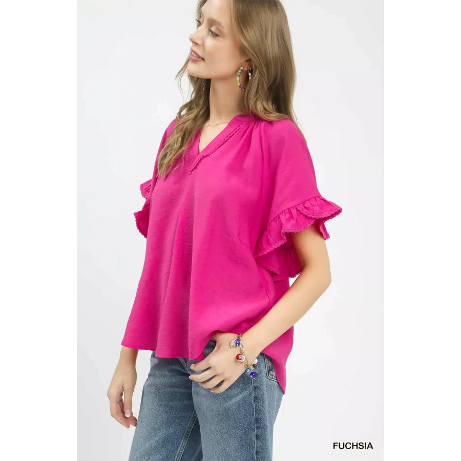 Umgee Ruffle Sleeve V-Neck Flutter Blouse FUCHSIA / S Apparel and Accessories