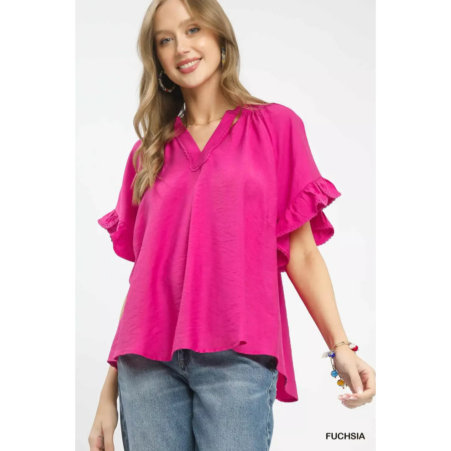 Umgee Ruffle Sleeve V-Neck Flutter Blouse FUCHSIA / S Apparel and Accessories