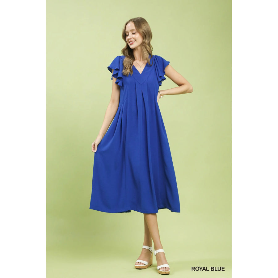 Umgee Ruffle Sleeve V-Neck Midi Dress Apparel and Accessories