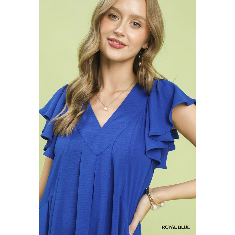 Umgee Ruffle Sleeve V-Neck Midi Dress Apparel and Accessories