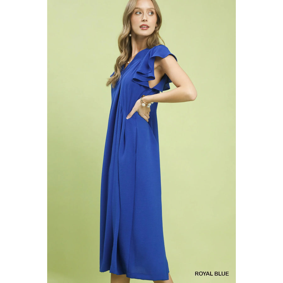 Umgee Ruffle Sleeve V-Neck Midi Dress Apparel and Accessories