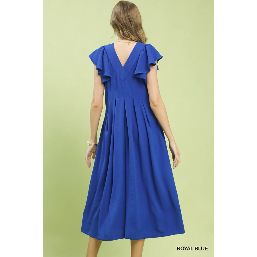 Umgee Ruffle Sleeve V-Neck Midi Dress Apparel and Accessories