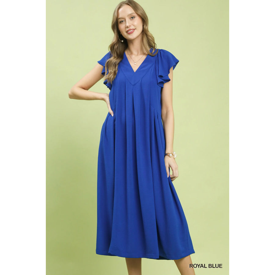 Umgee Ruffle Sleeve V-Neck Midi Dress ROYAL BLUE / S Apparel and Accessories