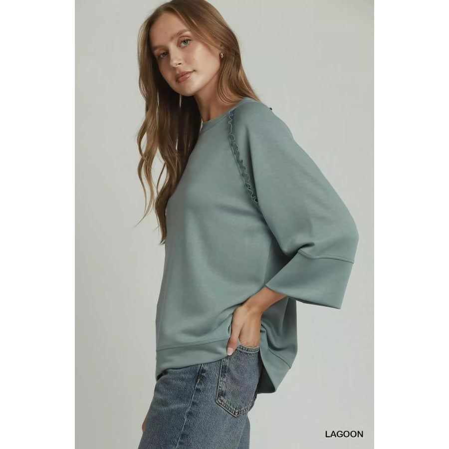Umgee Ruffle Trim 3/4 Raglan Sleeve Top LAGOON / S Apparel and Accessories