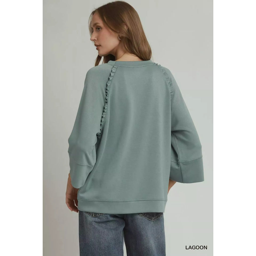 Umgee Ruffle Trim 3/4 Raglan Sleeve Top Apparel and Accessories