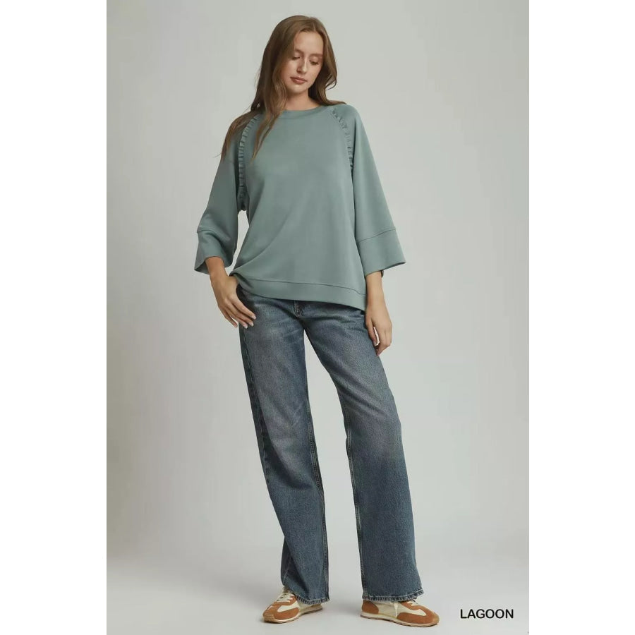 Umgee Ruffle Trim 3/4 Raglan Sleeve Top Apparel and Accessories