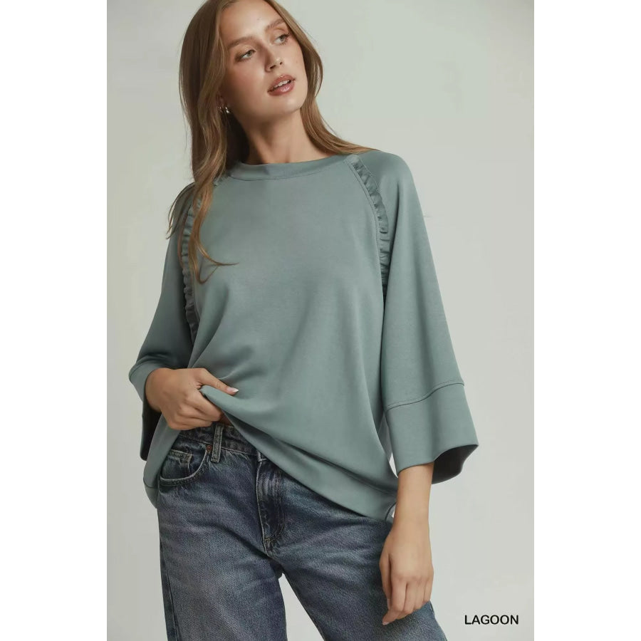 Umgee Ruffle Trim 3/4 Raglan Sleeve Top LAGOON / S Apparel and Accessories