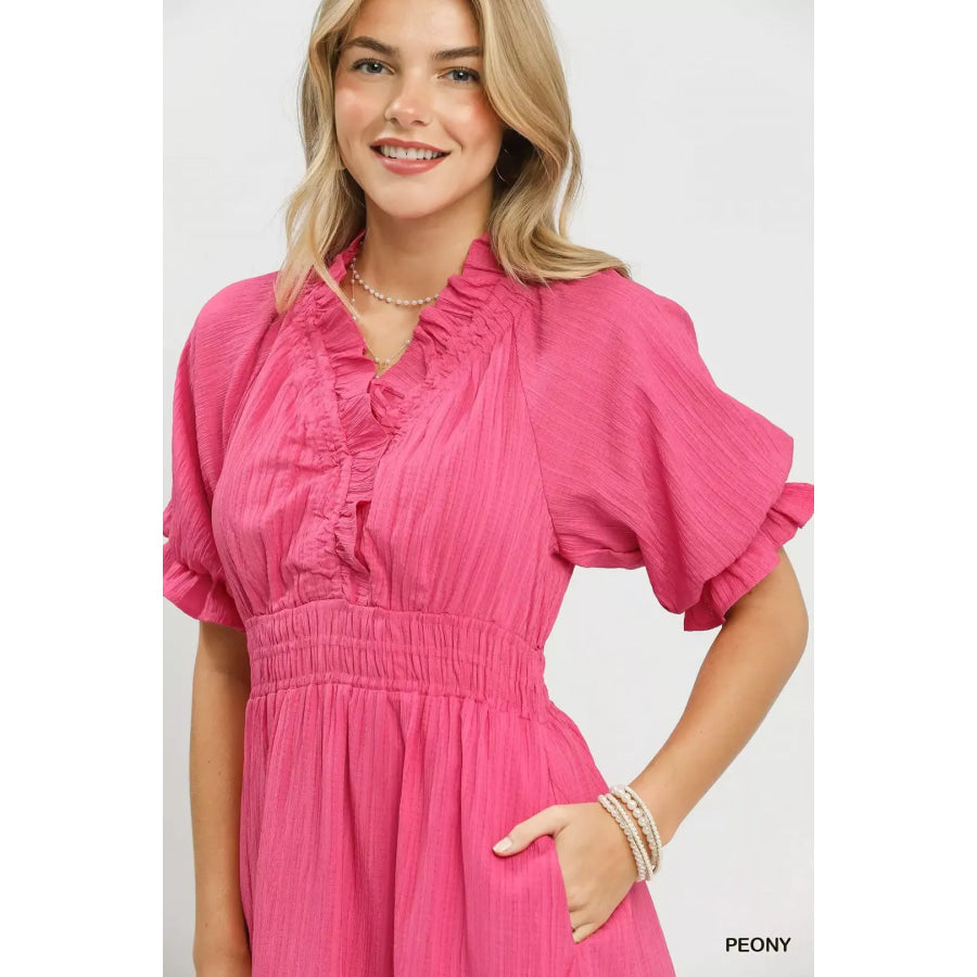 Umgee Ruffle V-Neck Midi Dress Apparel and Accessories