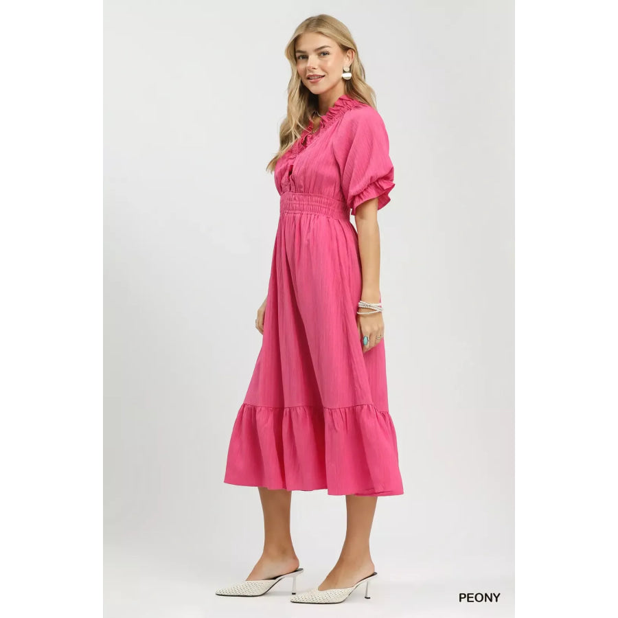 Umgee Ruffle V-Neck Midi Dress Apparel and Accessories