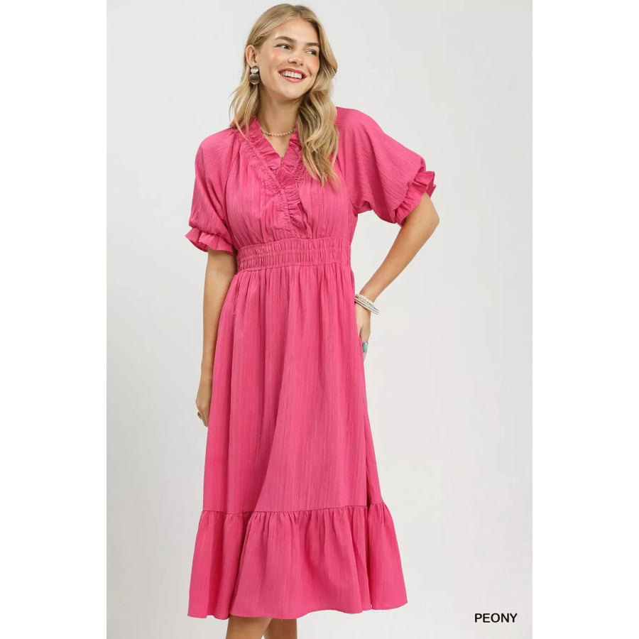 Umgee Ruffle V-Neck Midi Dress Apparel and Accessories