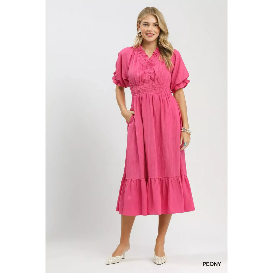 Umgee Ruffle V-Neck Midi Dress PEONY / S Apparel and Accessories