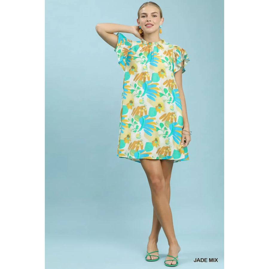 Umgee Ruffled Botanical Print Mini Dress Apparel and Accessories