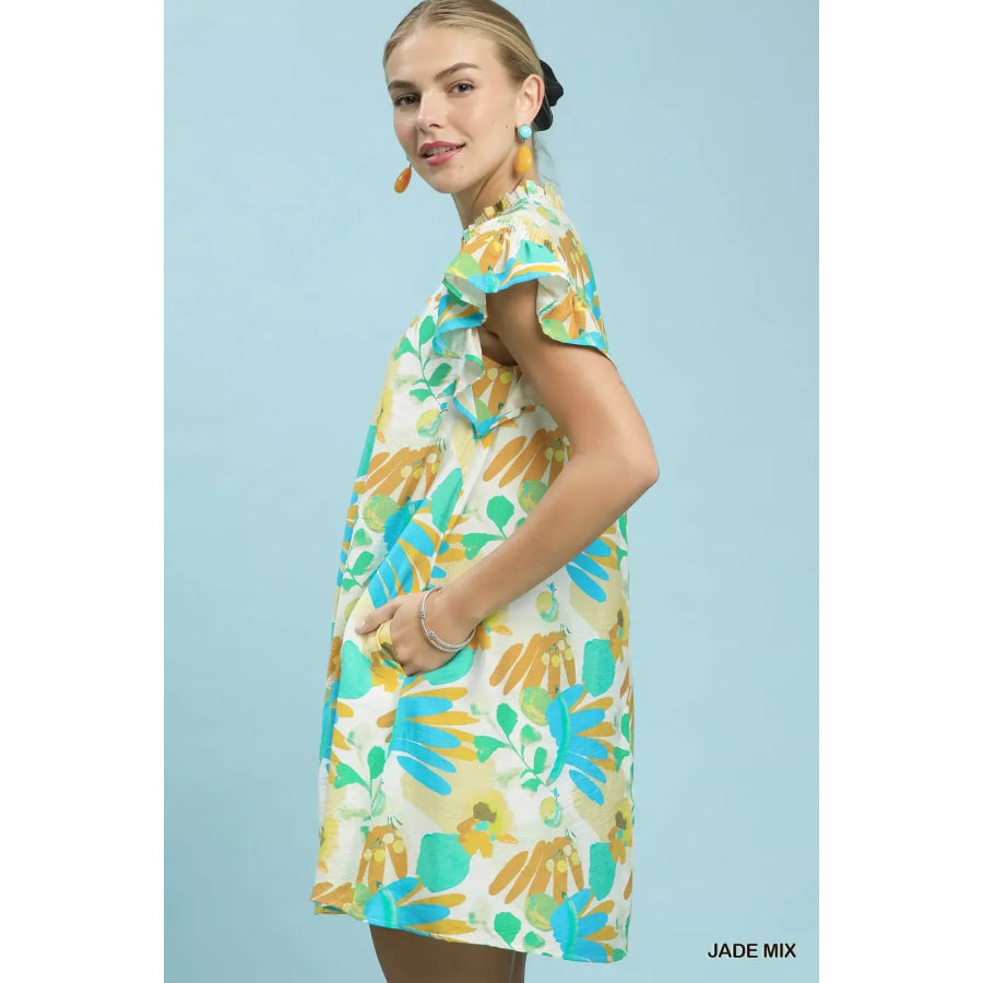 Umgee Ruffled Botanical Print Mini Dress Apparel and Accessories