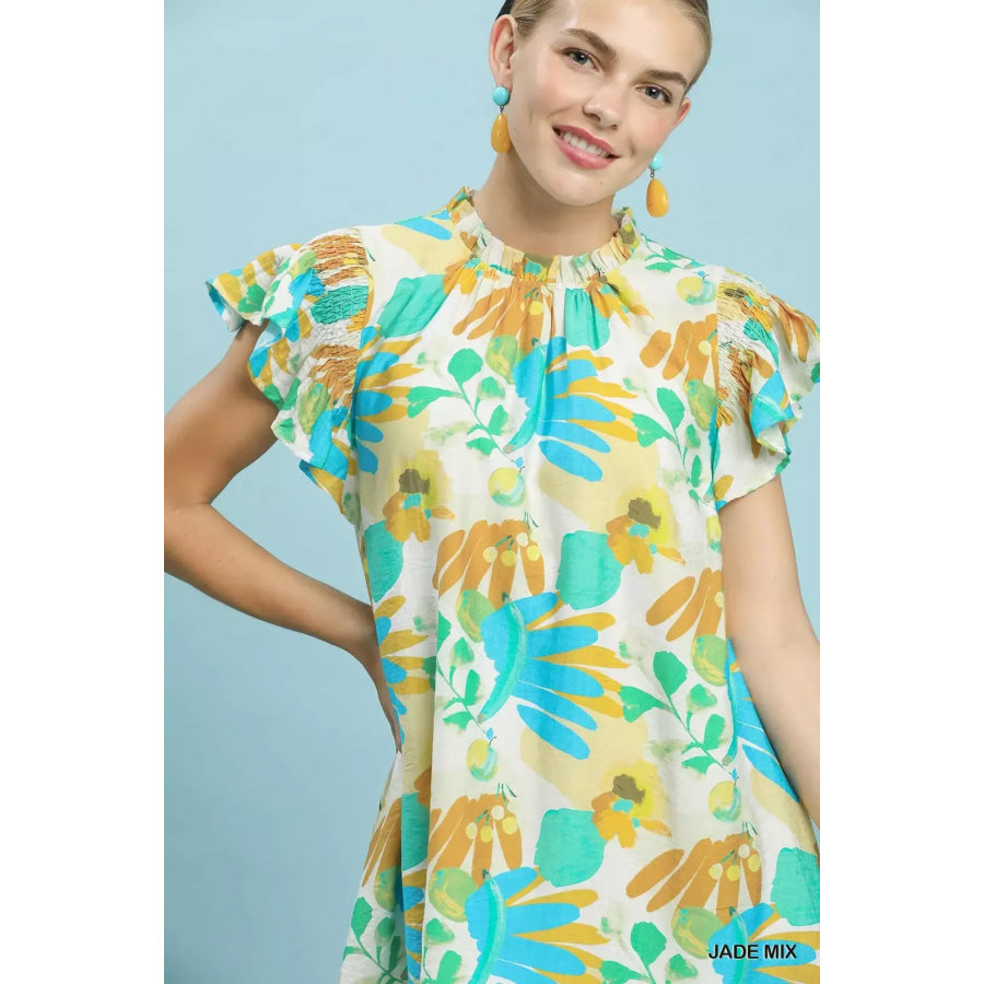 Umgee Ruffled Botanical Print Mini Dress Apparel and Accessories