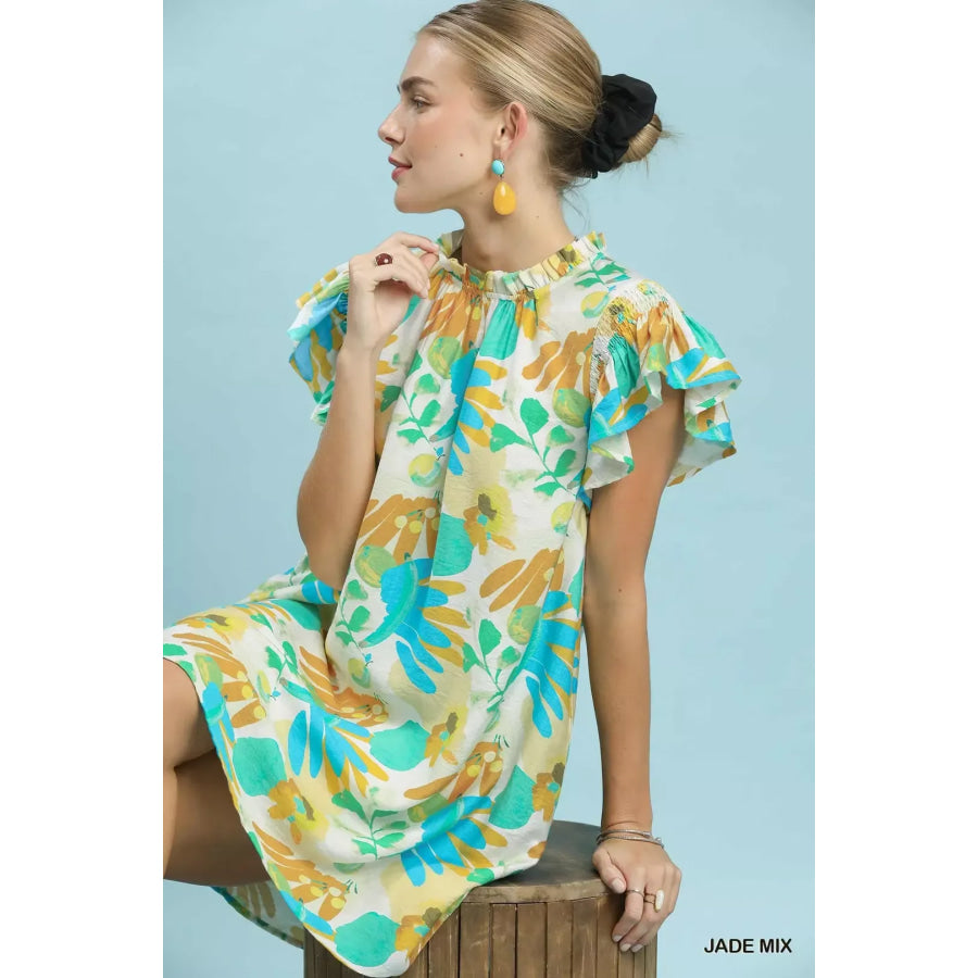 Umgee Ruffled Botanical Print Mini Dress Apparel and Accessories