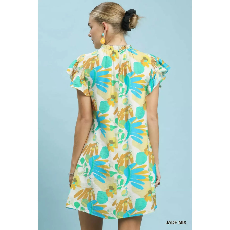Umgee Ruffled Botanical Print Mini Dress Apparel and Accessories