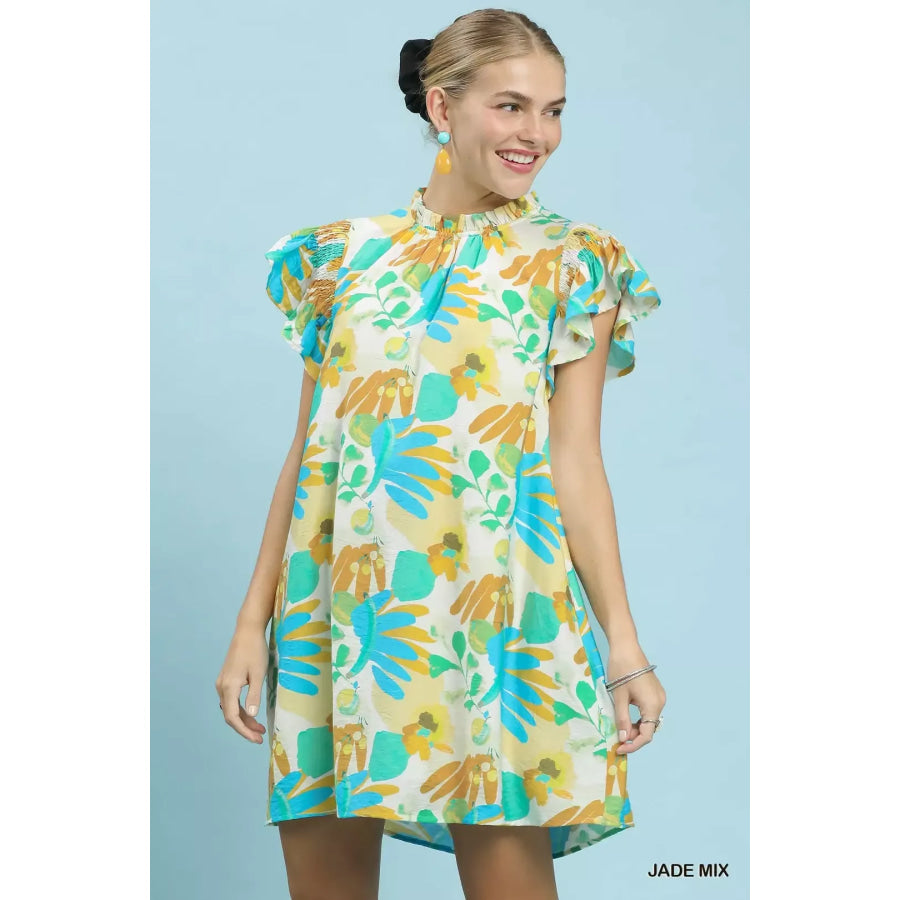 Umgee Ruffled Botanical Print Mini Dress JADE MIX / S Apparel and Accessories