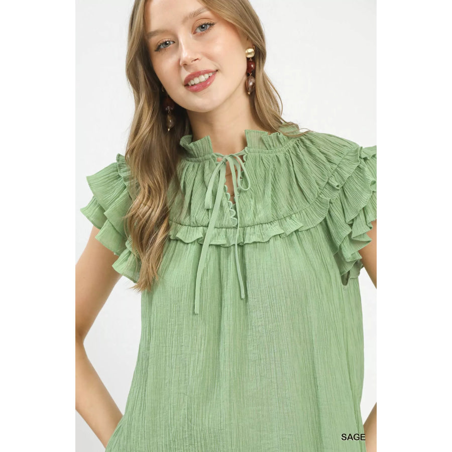 Umgee Ruffled Flutter Sleeve Textured Blouse Apparel and Accessories