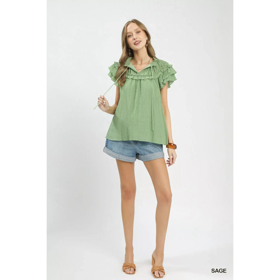 Umgee Ruffled Flutter Sleeve Textured Blouse Apparel and Accessories