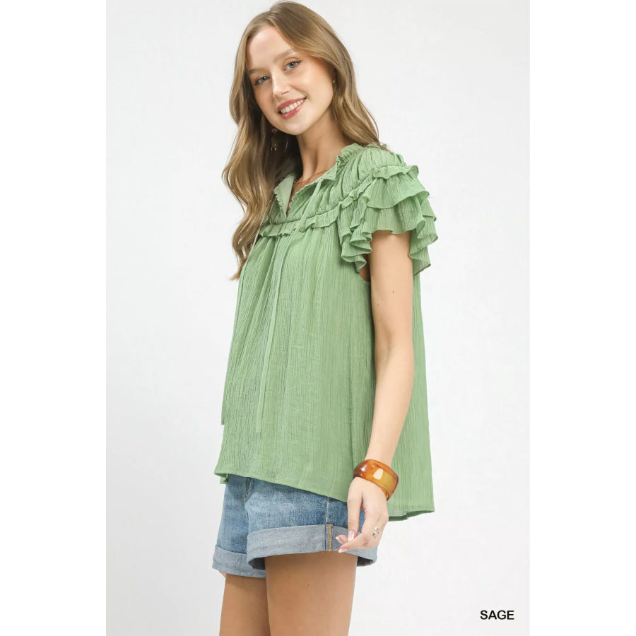 Umgee Ruffled Flutter Sleeve Textured Blouse Apparel and Accessories