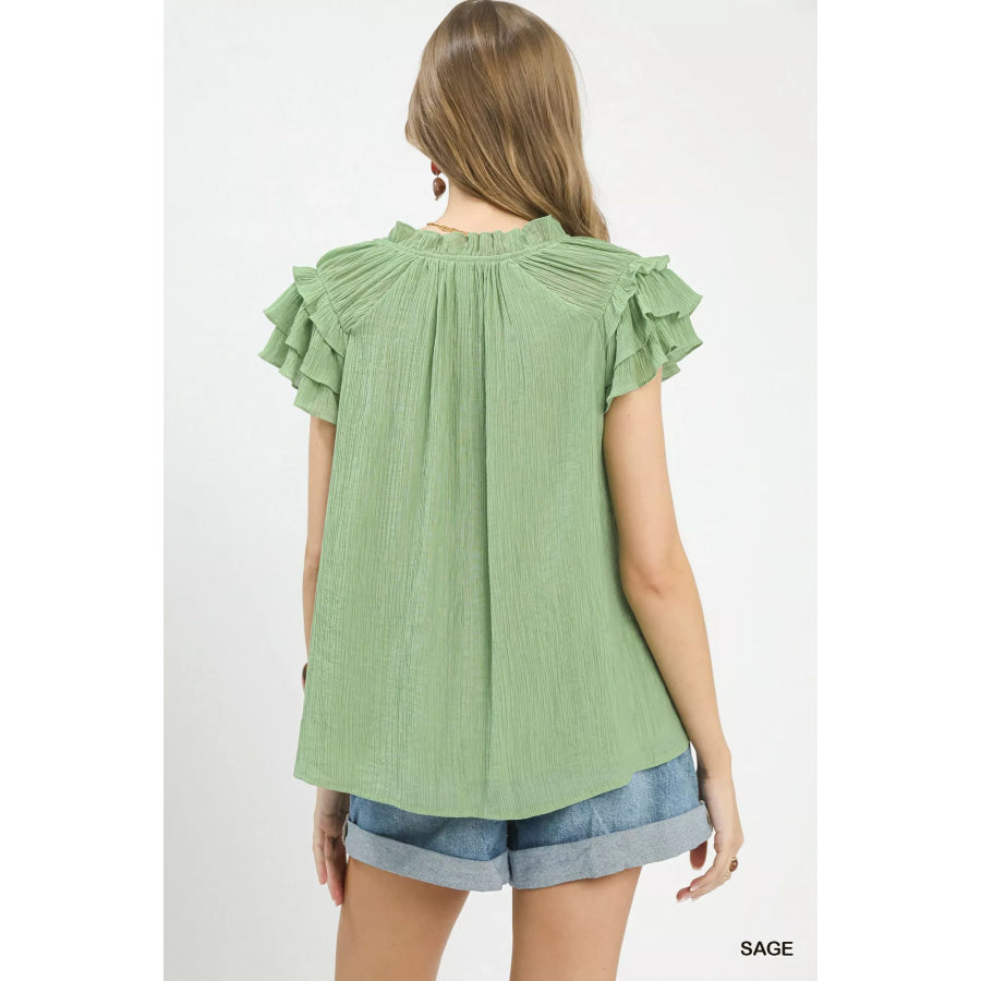 Umgee Ruffled Flutter Sleeve Textured Blouse Apparel and Accessories