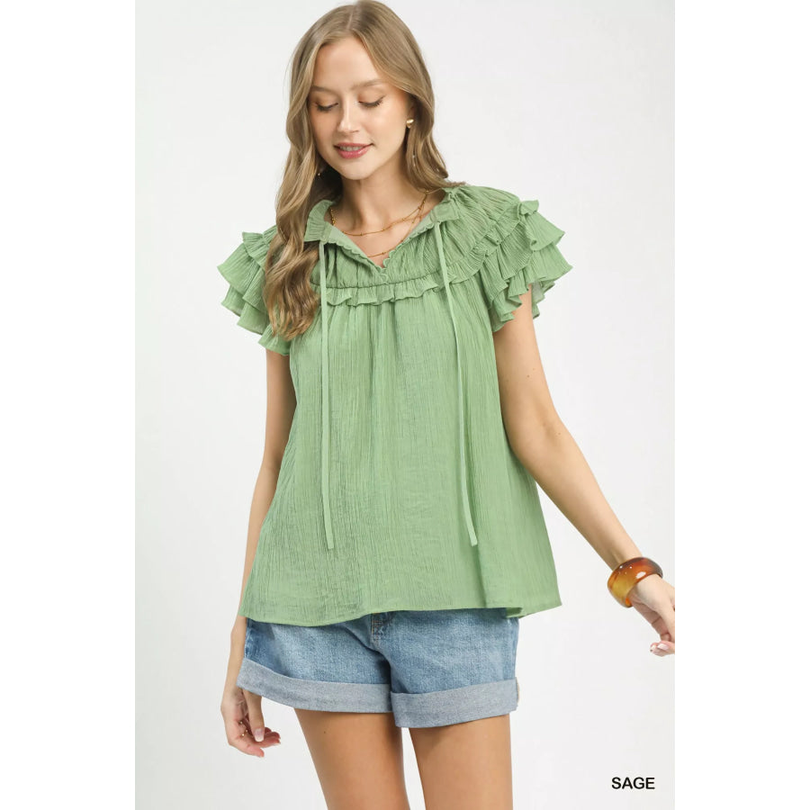 Umgee Ruffled Flutter Sleeve Textured Blouse SAGE / S Apparel and Accessories