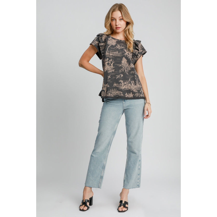 Umgee Ruffled Landscape Print Short Sleeve French Terry Top Apparel and Accessories