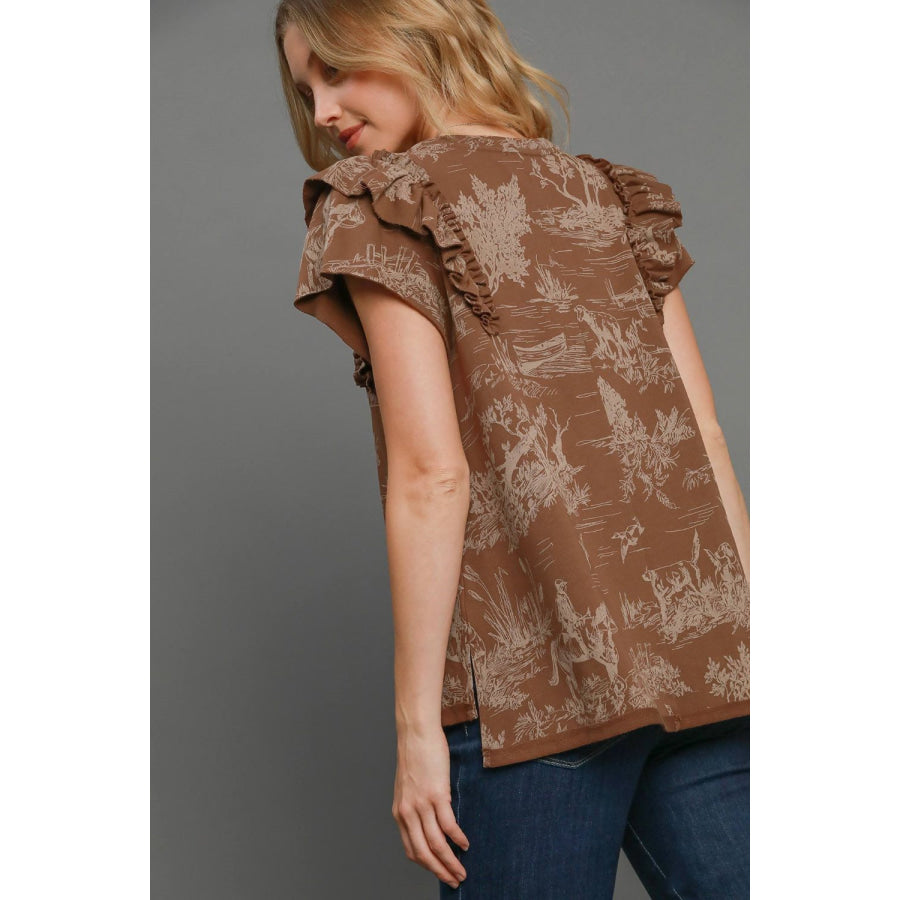 Umgee Ruffled Landscape Print Short Sleeve French Terry Top Apparel and Accessories