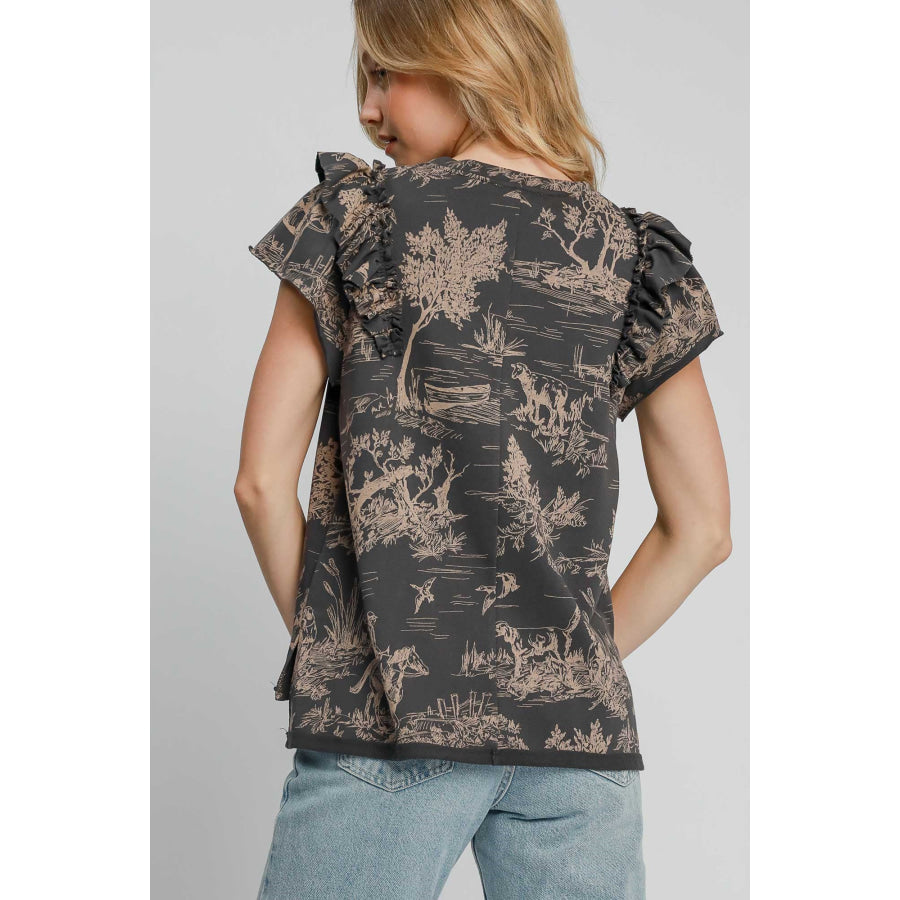 Umgee Ruffled Landscape Print Short Sleeve French Terry Top Apparel and Accessories