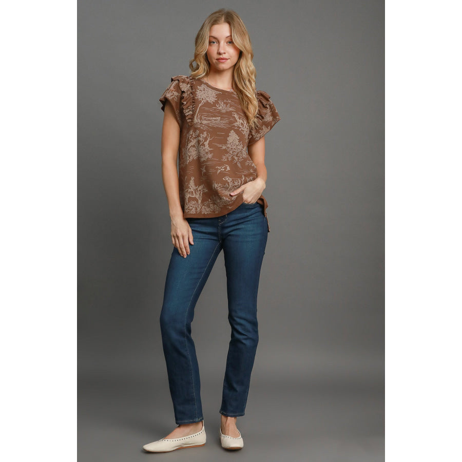 Umgee Ruffled Landscape Print Short Sleeve French Terry Top Apparel and Accessories