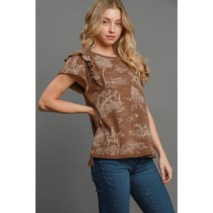 Umgee Ruffled Landscape Print Short Sleeve French Terry Top Apparel and Accessories