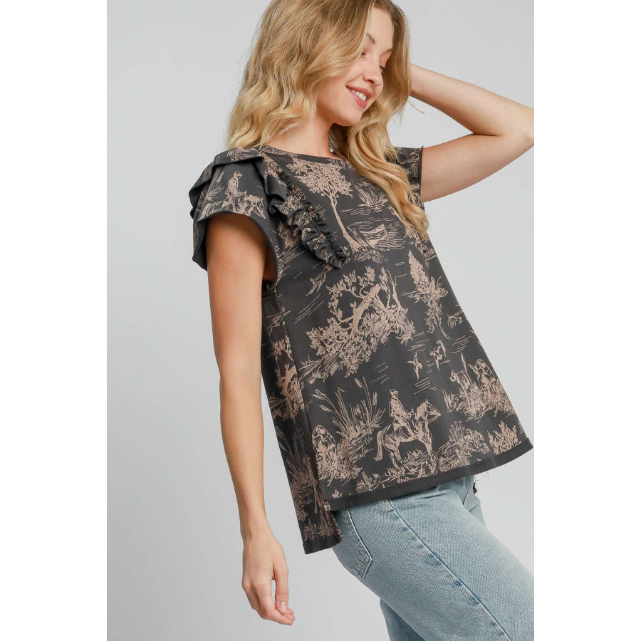 Umgee Ruffled Landscape Print Short Sleeve French Terry Top Apparel and Accessories