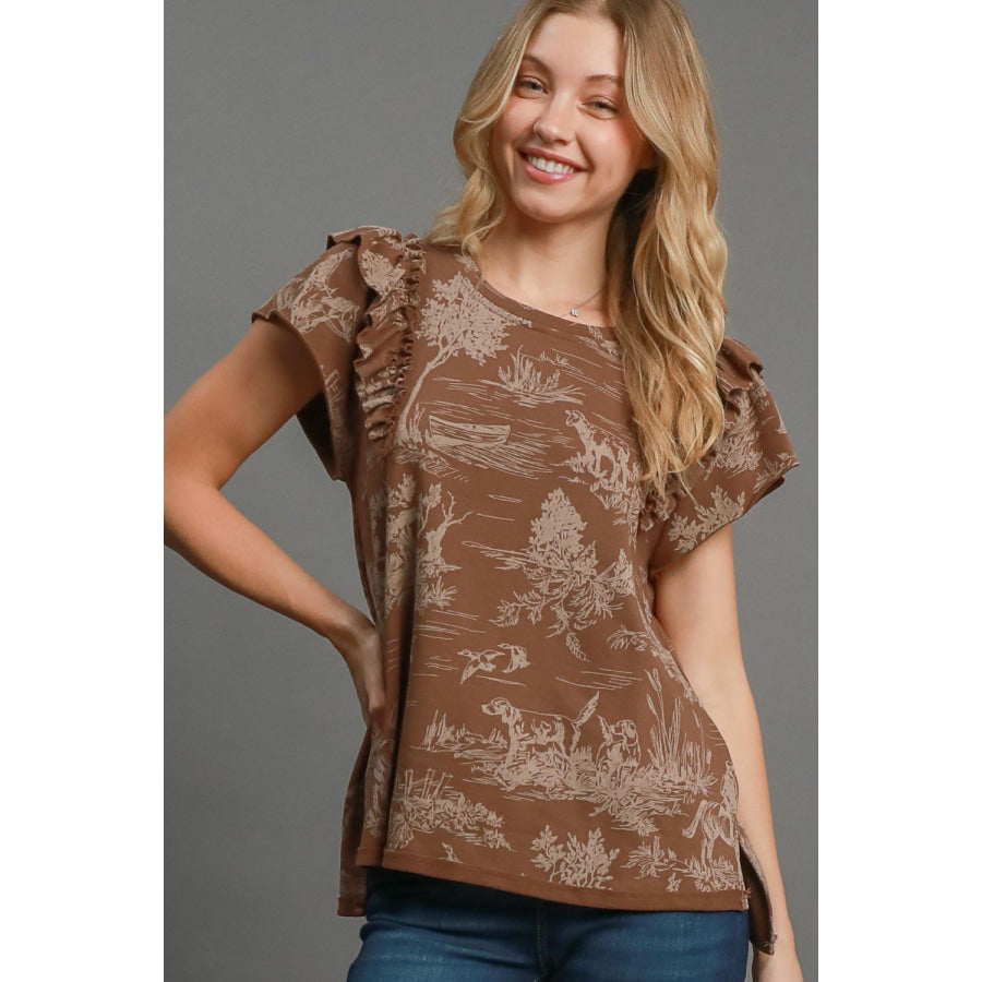 Umgee Ruffled Landscape Print Short Sleeve French Terry Top Brown / S Apparel and Accessories