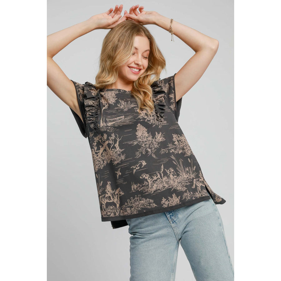 Umgee Ruffled Landscape Print Short Sleeve French Terry Top Dark Gray / S Apparel and Accessories