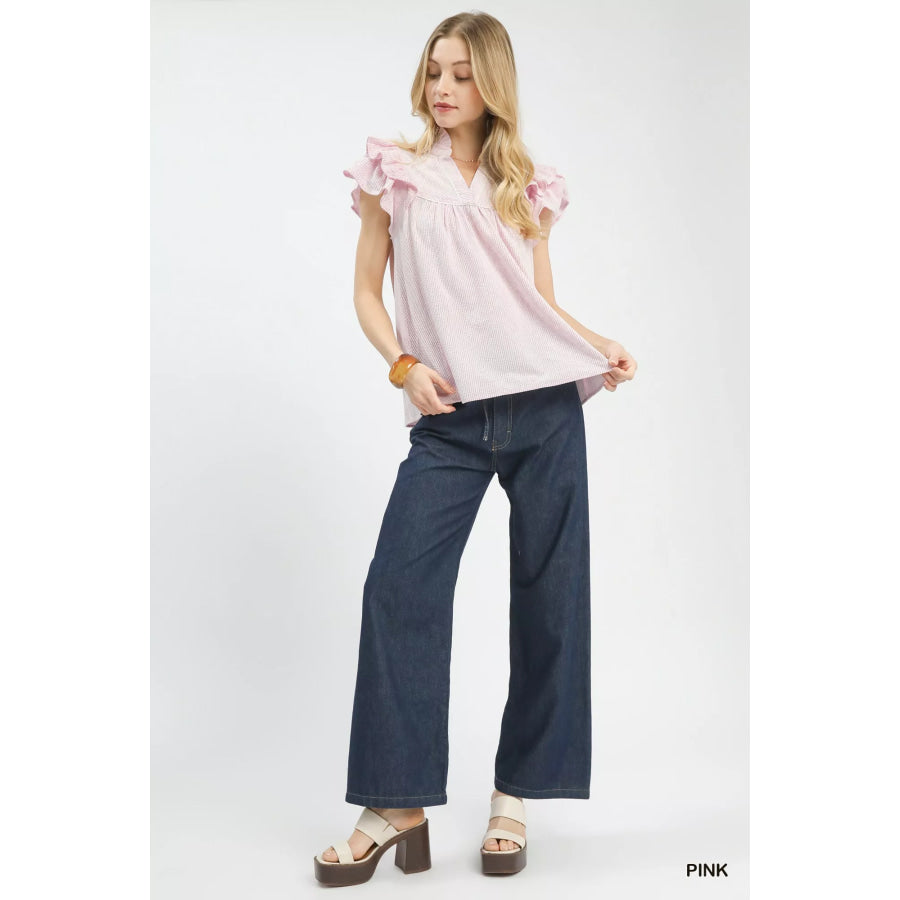 Umgee Ruffled Sleeve Textured Blouse PINK / S Apparel and Accessories
